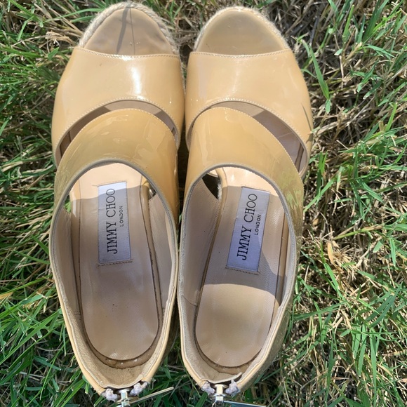 Jimmy Choo Lagoon Nude Patent Leather Wide Ankle Strap Espadrilles size 37 - Picture 6 of 9